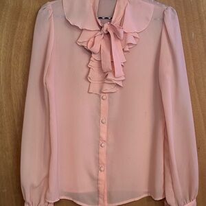 Vintage Pierre Bouchet 70s/80s Women's Pink Ruffled Blouse with Princess Sleeves